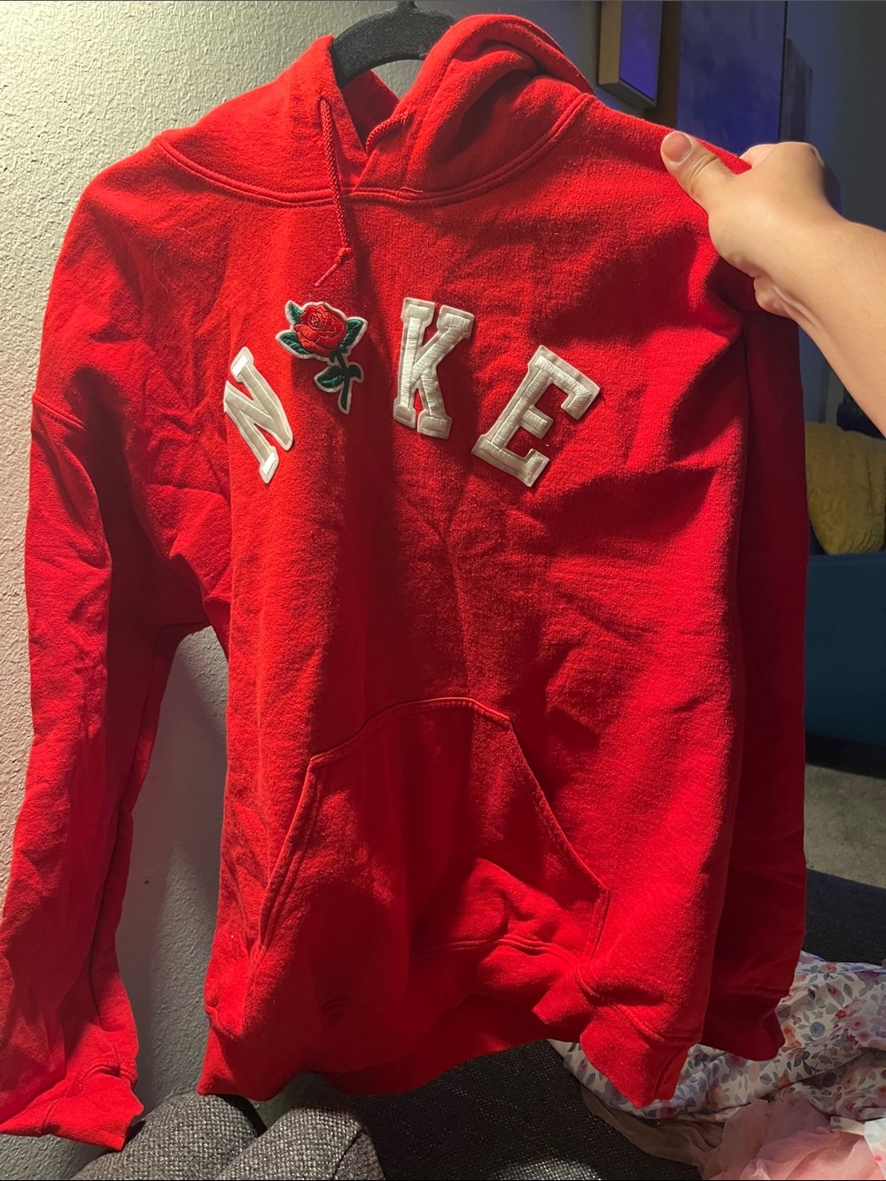 Nike Red Hoodie with White Lettering and Rose Patch